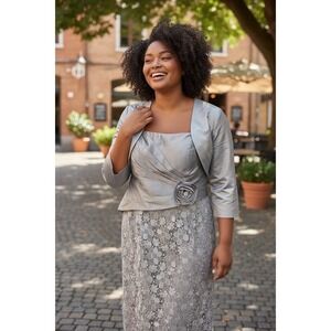 Annabelle Silver Lace Dress & Bolero Jacket Set Women Size 18 Formal Wedding MOB